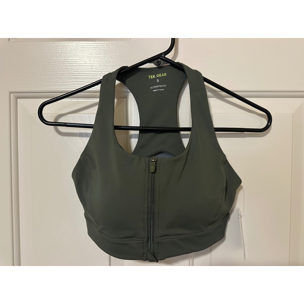 Tek Gear Sports Bra Womens S Olive Ultrastretch Zip Front Racerback Wicking NEW